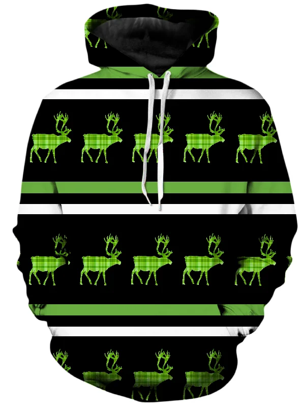 Green Plaid Reindeer Unisex Hoodie Hoodie with Hem Fringe Bohemian Relaxed