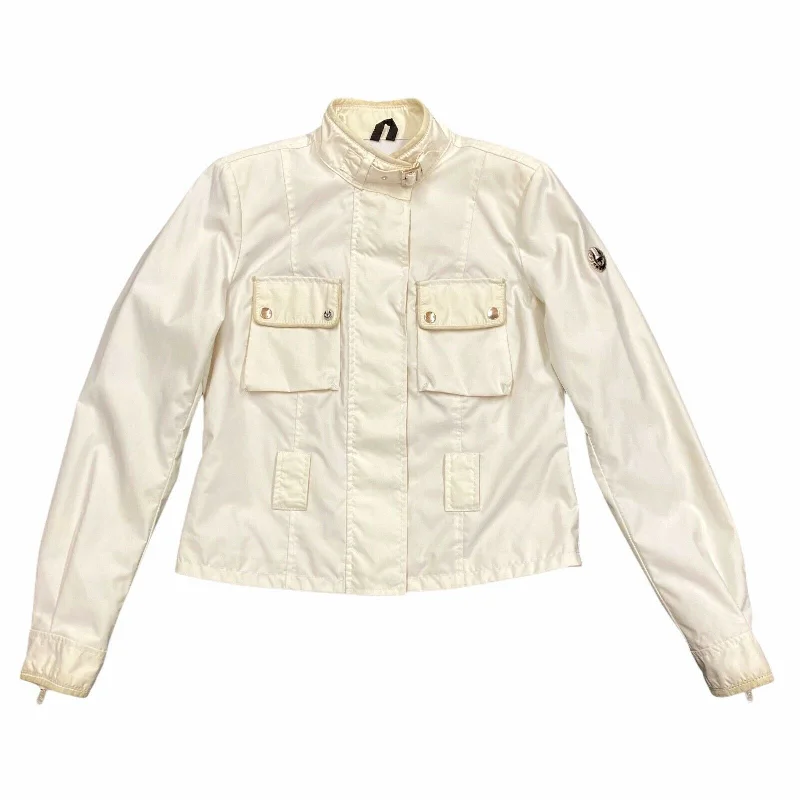 Belstaff Women's Short Nylon Biker Jacket | Vintage High End Designer White VTG Knit Jacket Woven Jacket Fleece Jacket