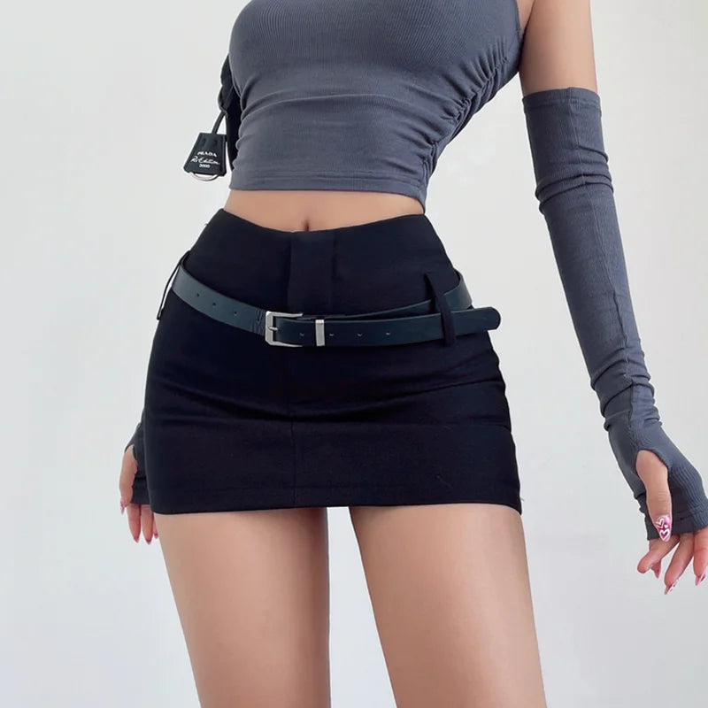 Advbridge Belt Mini Skirts Women Summer Elegant Grey Wrap Hip High Waist Slim A Line Skirt Shorts Female Vintage All-match Casual Y2K leather skirt bold