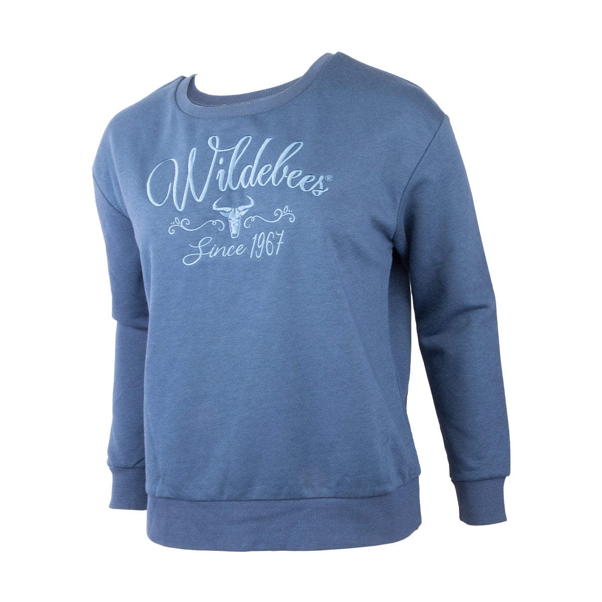 Wildebees Ladies Embroidered Scoop Crew Sweatshirt Mid Blue Melange Hoodie with Typography Text Message