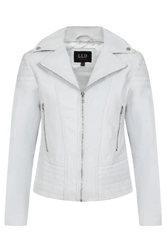 Women's White Smart Real Leather Biker Jacket - SUZY Zip Front Button Front Snap Front