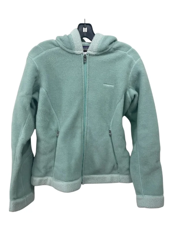 Patagonia Size M Teal Green Polyester Fleece Hood Zip Zip Pocket Jacket Notch Collar Jacket Peter Pan Collar Jacket Cowl Neck Jacket