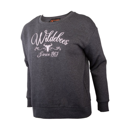 Wildebees Ladies Embroidered Scoop Crew Sweatshirt Charcoal Melange Hoodie with Pattern Geometric Abstract