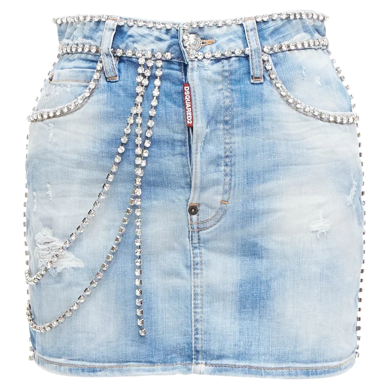 Dsquared2 Distressed Denim Crystal Chain Embellished Mini Skirt cashmere skirt fine