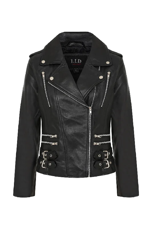 Women's Black Leather Biker Jacket - Emma Welt Pockets Slit Pockets Flap Pockets