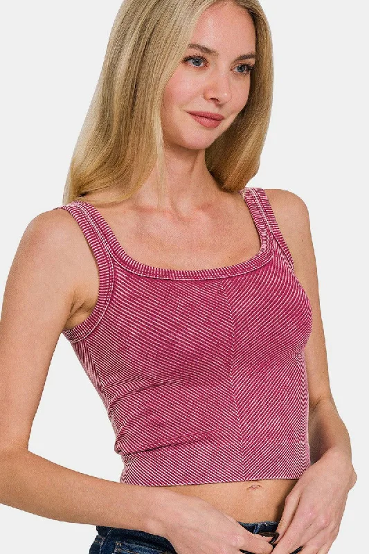 Zenana Washed Ribbed Scoop Neck Wide Strap Tank In Burgundy sage tank top