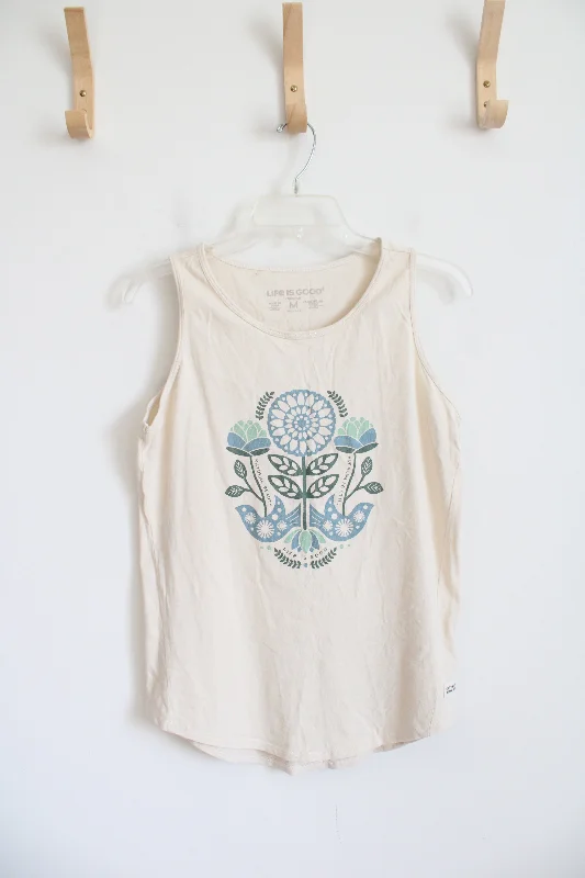 Life Is Good Crusher Beige Blue Green Floral "Natural Beauty" Tank Top | M strappy tank top