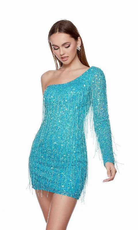 Fringed Beaded One-Sleeve Short Party Dress 4646 Tunics Brand named