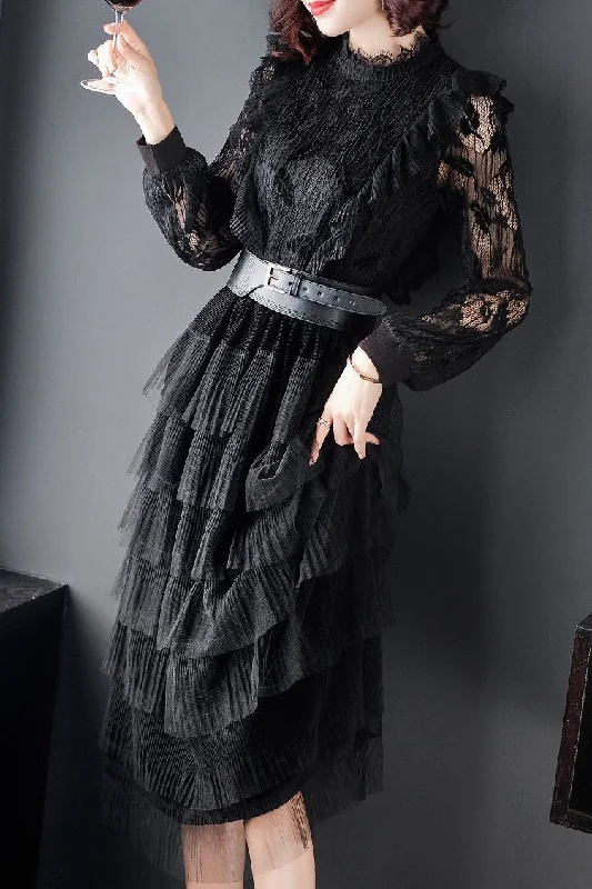 Black Lace Party Dress W/ Belt Tunics Chinos classic