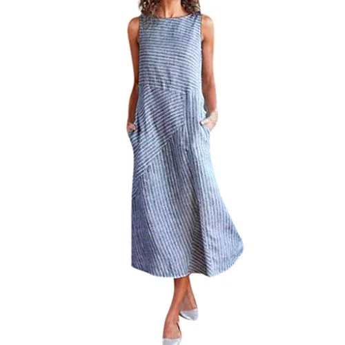 Casual Dress Women Summer Sleeveless Striped Dress Crew Neck Linen Long Dress Evening Party Dress with Pocket Tunics Canvas sturdy