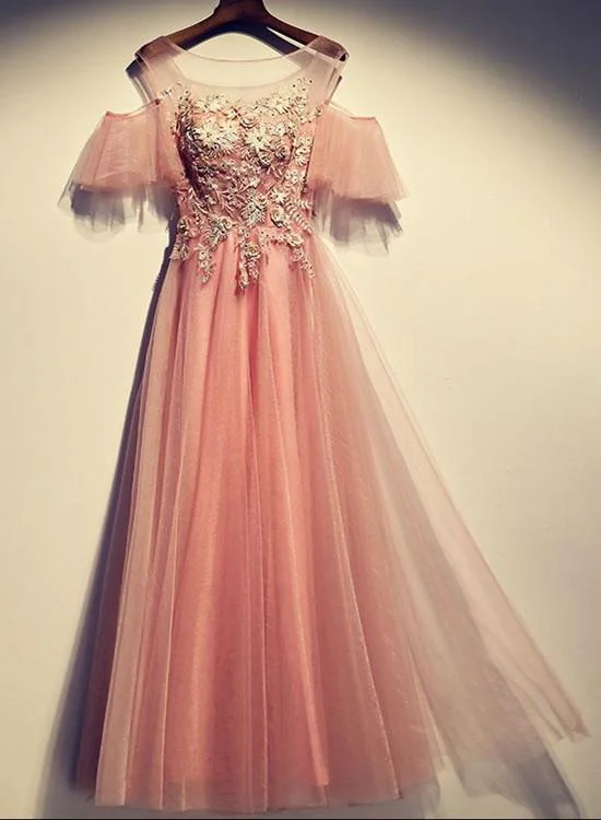 Dark pink party dress ,off shoulder evening dress ,tulle applique prom dress Tunics Ceremony elegant