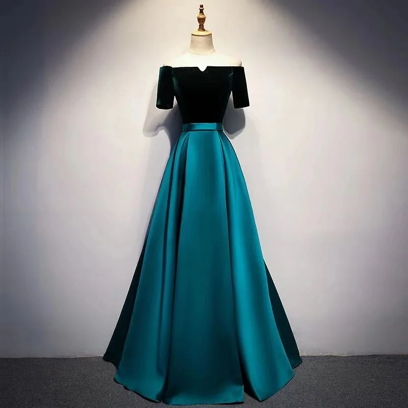 Green party dress ,off shoulder evening dress ,satin long formal dress Tunics Distressed trendy