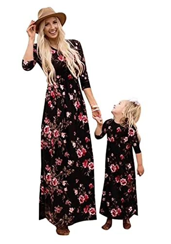 Mother and Daughter Matching Maxi Long Dress Flower Pattern Dresses Family Party Dress for Mother and Girl S-3XL Tunics Velvet soft