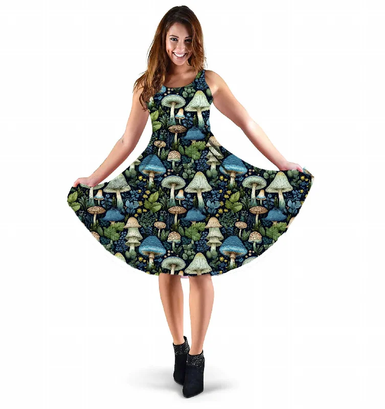 Mushroomcore Sleeveless Dress - Blue and Green Sundress - Forestcore Party Dress Tunics Denim casual