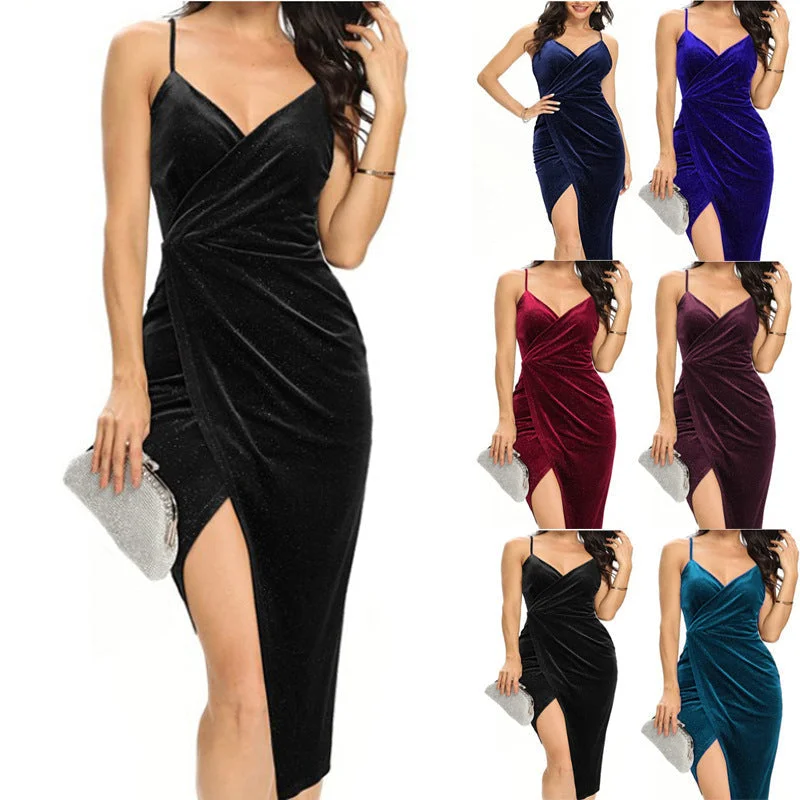 Sexy velvet ruched gold stamping high split midi cami dress | Nightclub party dress evening gowns Tunics Favorite customer