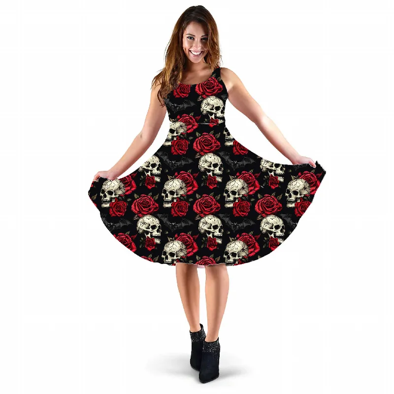 Skulls and Roses Gothic Sundress - Halloween Party Dress with Skulls and Bats (KATH1) Sequined Elegant Party