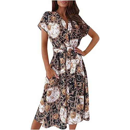 Women Dresses Promotion Sale , Ladies Fashion Casual Bandage Loose Short Sleeve Print V-Neck Mid-Calf Dress Plus Size Dress Party Dress Vintage Dress UK Size S - XXXXL Tunics Recommended stylist