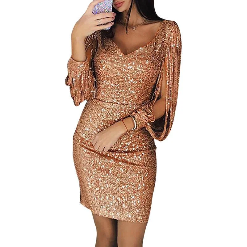 Women evening gown sequin v neck midi party dresses Tunics Handmade artisanal