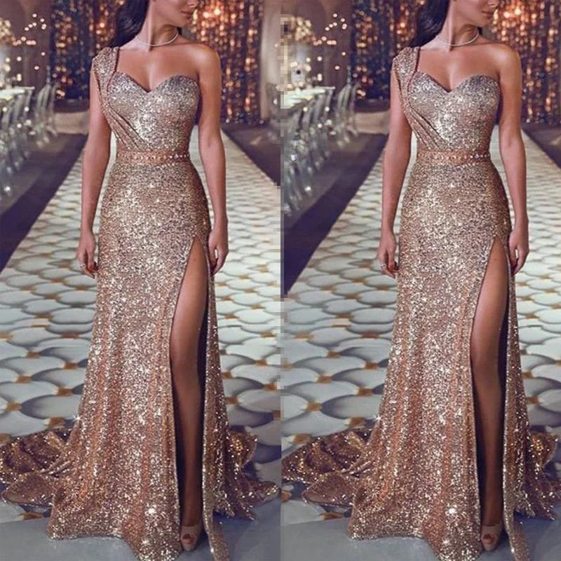 Women maxi sequin one shoulder slit sexy evening party dresses Tunics Cozy soft