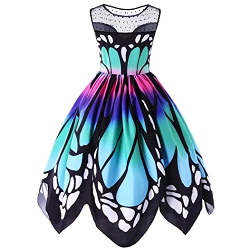 Womens Butterfly Printing Sleeveless Party Dress Vintage Rockabilly Lace Dress Pleated Skirt Cosplay Costume Plus Size(S-5XL) Tunics Party sparkling