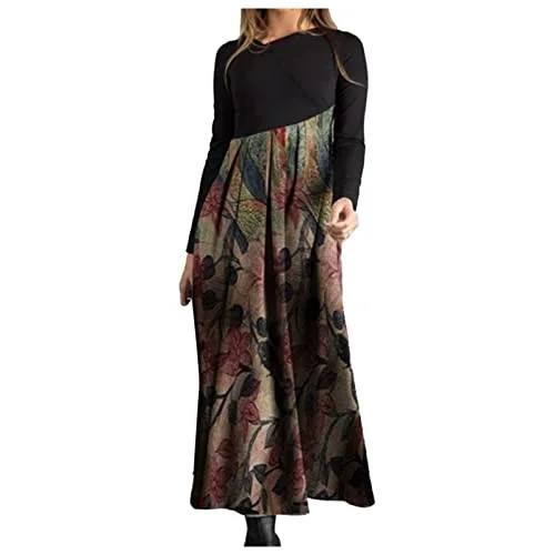 Women's Dress Ladies Autumn and Winter Casual Slim Long-Sleeved Long Bohemian Printed Dress,  Fall Dresses for Ladies Fancy Cocktail Dress Party Dress Maxi Dress Tunics Plaid country