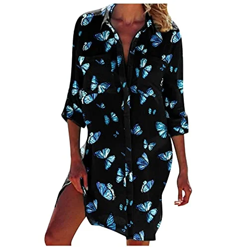 Women's Dress Sweet & Cute Dress Ladies Long Sleeve V Neck Butterfly Printed Pocket Shirt Dress Tunic Dress Fancy Cocktail Dress Party Dress Maxi A-line Dress Turtleneck Warm Winter