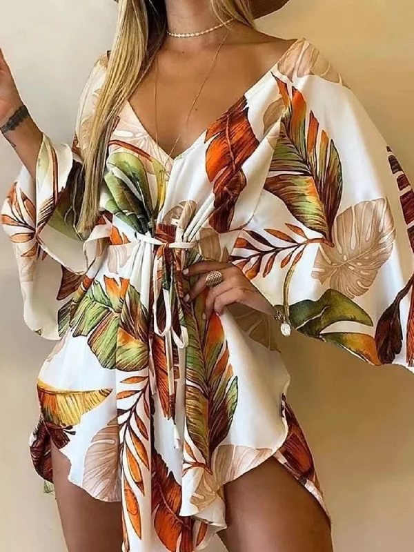 2022 New Summer Beach Elegant Women Dresses Sexy V Neck Lace-up Floral Print Mini Dress Casual Flared Sleeves Ladies Party Dress Tunics Versatile functional