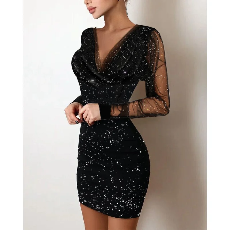 Amy Fashion - Sequin Sheer Mesh Glitter Long Sleeve Party Dress Tunics Review highly