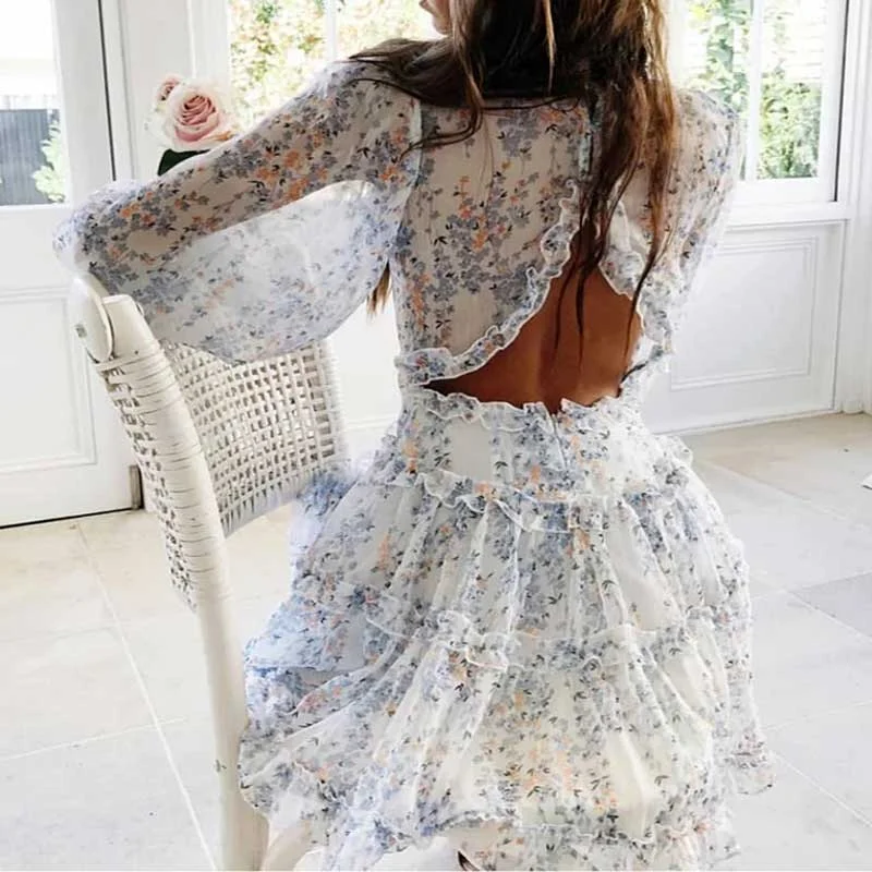 BOHO INSPIRED Harlow Floral Print Ruffle Dress women backless V-neck dress women mini summer dress ladies 2022 party dress Tunics Fleece cozy