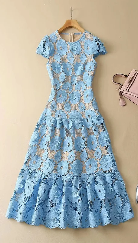 Boho Vintage Hollow Out Embroidery Lace Party Dress, Bohemian Short Sleeve Midi Dress Tunics Travel practical