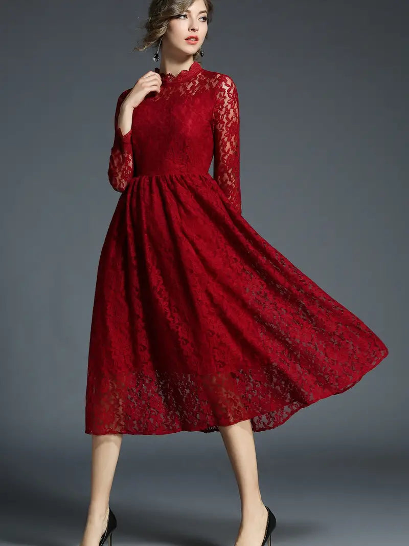 Burgundy High Neck Lace Long Sleeve Party Dress Tunics Bestseller popular