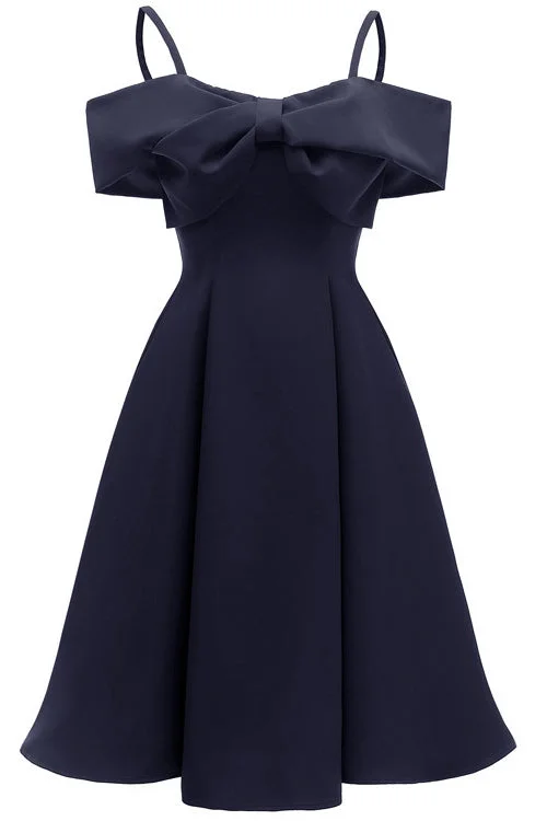 Chic Dark Navy Off-the-shoulder A-line Cocktail Party Dress Tunics Fall fleece