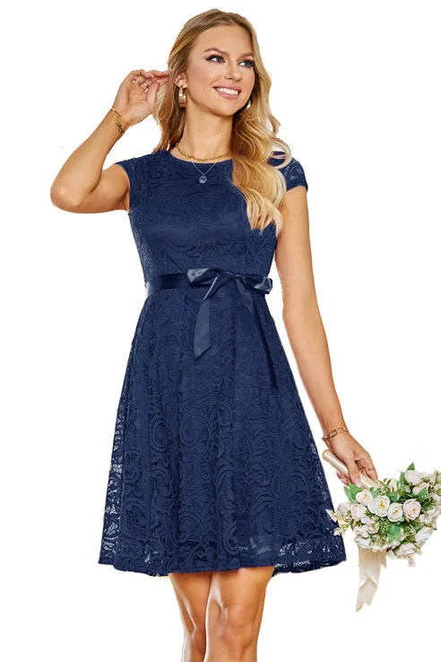 Dark Navy Lace Cap Sleeves A-Line Party Dress Tunics Bridal satin