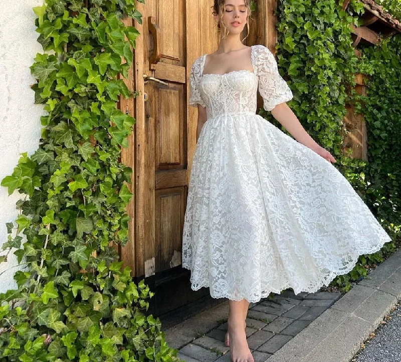 Cinessd  Elegant White Lace Appliques Prom Dresses Puff Sleeves Sweetheart Tea-Length A-Line Formal Evening Party Dress 2022 Tunics Fashionable trendy