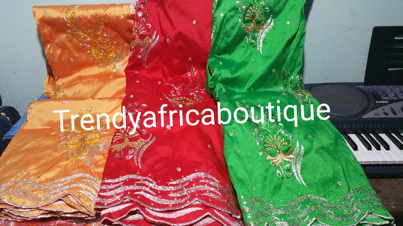 Embroidery Indian Silk George wrapper. Sold 5 yards lenght.embroidery and stones design for African party dress. Available in Green, red and Orangel. Small-George Tunics Long Elegant