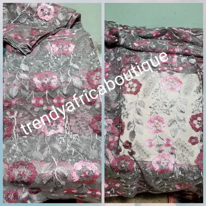 Gray/pink Embridery tulle Africa French lace fabric. Beautiful flower design great texture for making Nigerian/African party dress. Sold per 5yds. Price is for 5yds. Aso-ebi lace. Contact for large quantity Tunics Brand named