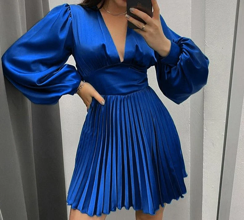 Cinessd  Long Sleeve Mini Satin Dress Sexy V Neck Pleated Vestidos Women High Waist A-Line Tunics Green Blue Party Dress Tunics Cozy soft