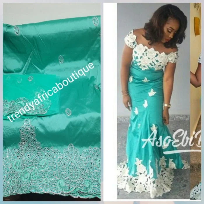 Back in stock: Mint green embriodery George fabric. Top quality Indian-George for making Nigerian/African party dress. 5yds silk George + 1.8yds matching net blouse. Contact us if you are interested in Aso-ebi order Tunics Ceremony elegant