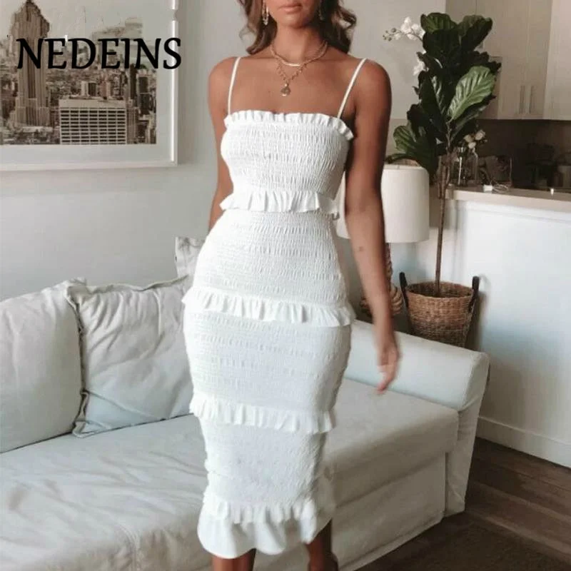 NEDEINS Summer Fashion Sling Long Dress Women 2020 Casual Party Dress Female Ruffles Vestidos Plus Size Natural Solid Dress Tunics Hiking breathable