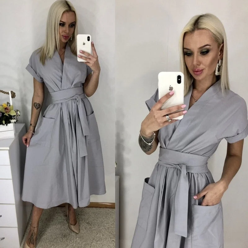 Office Lady Women Casual Sashes A-Line Dress Ladies Short Sleeve V-Neck Summer Dress 2020 Fashion Midi Party Dress Vestidos Tunics Gym athletic