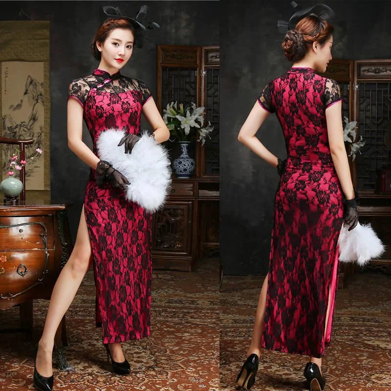 Plus Size Women Lace Classic Long Cheongsam Rayon Floral Elegant Evening Party Dress Traditional Tunics Solid Classic