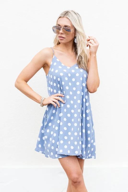 Polka Dot Party Dress, Light Denim-Ivory Shift Classic Vintage