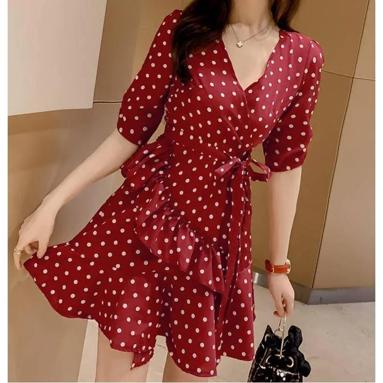 Polka Dot Sexy Party Dresses with Ruffle Women Chiffon Long Sleeve Mini Dress Ladies Vintage Clothes Tunics Short Trendy