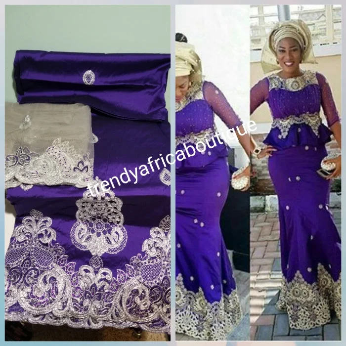 Purple/silver Embriodery Indian-George fabric for making Nigerian/African party dresses. Sold as 5yds+1.8yds matching net blouse. Top quality silk George. Contact us for Aso-ebi order. Glittery Long Formal