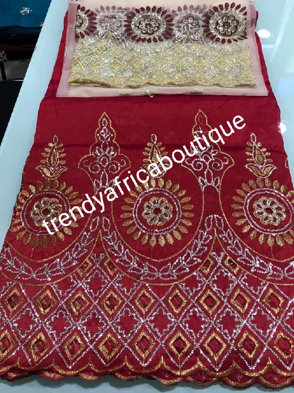 Quality Red/champagne Gold Embriodery Silk George wrapper. Fancy Indian-George for making African/Nigerian party dresses. 5yds red+ 1.8 yards matching net blouse Tunics Evening elegant