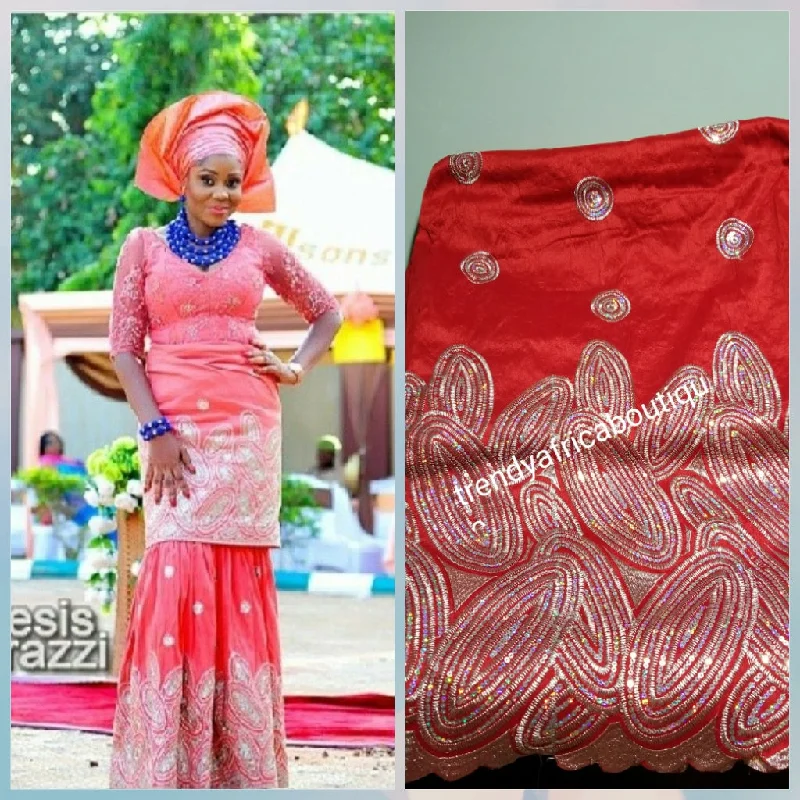 Clearance:  Red fancy Embroidery silk Indian-George wrapper with sequence. Fancy Indian George use for Nigerian party dresses. Small-George Sold 5yards each Crew Neckline Sporty