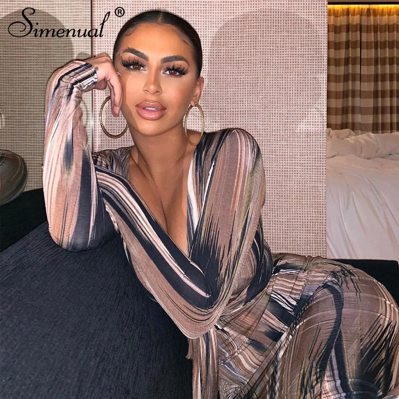 Simenual V Neck Bandage Bodycon Sexy Maxi Dresses Women Fashion Skinny Clubwear Printed Long Sleeve Party Dress Autumn 2019 Slim Tunics Distressed trendy