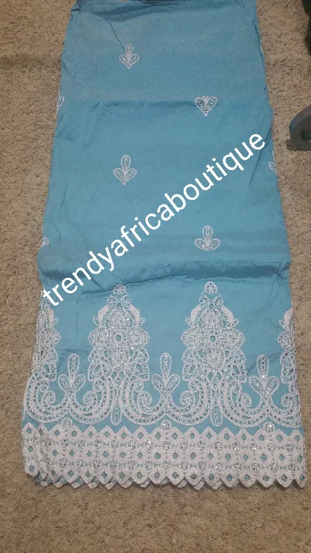 Sky Blue Embroidery and stones Silk George wrapper with matching blouse. Small-George for making African party dress. Original quality Tunics Top Casual