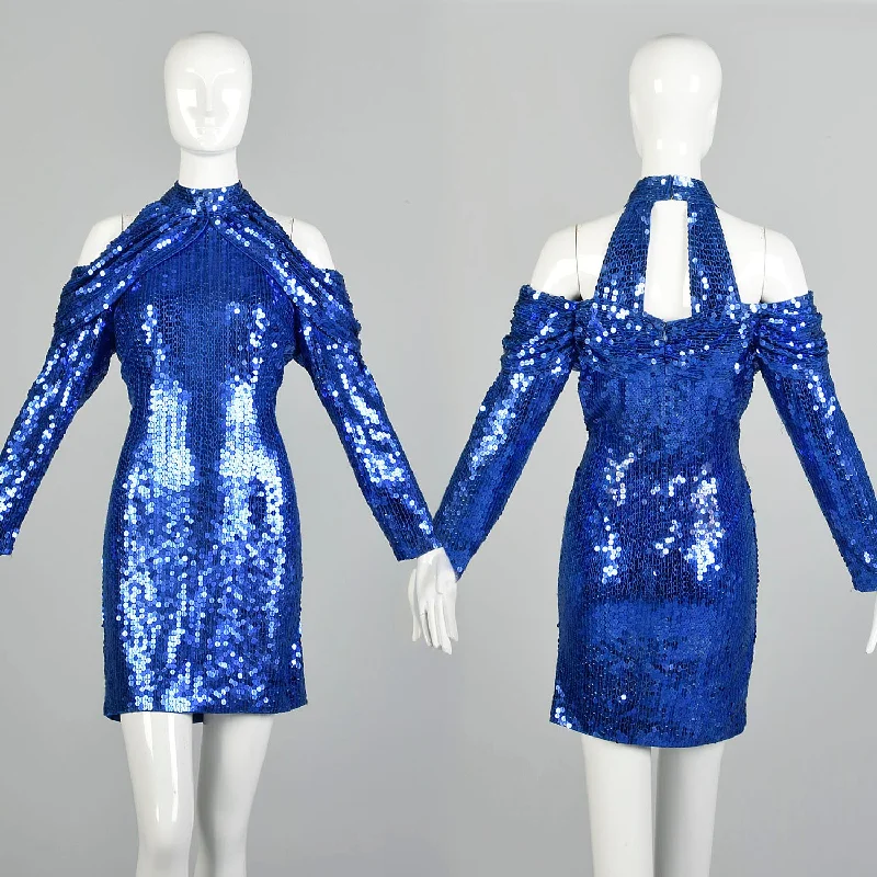 Small 1990s Blue Sequin Body Con Party Dress Long Sleeve Mini Dress Cold Shoulder Dress Tunics Canvas sturdy