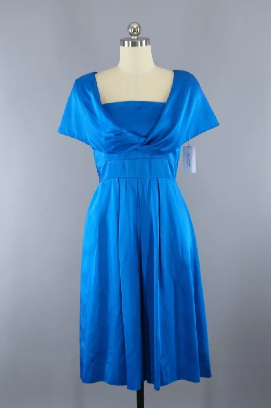 Vintage Electric Blue Satin Cocktail Party Dress Tunics Occasion special